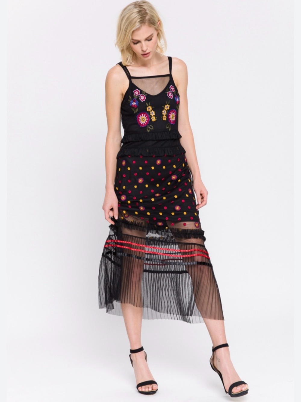 Endless Rose Black Midi Dress with Pink & Yellow Floral Embroidery